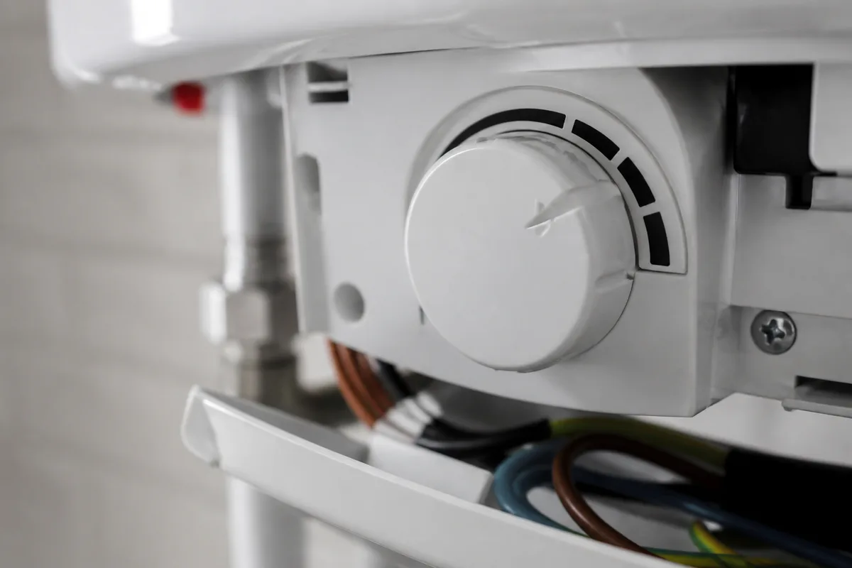Molette de thermostat d un chauffe-eau électrique réglée aux alentours de 55 degrés, capot ouvert dans un garage clair