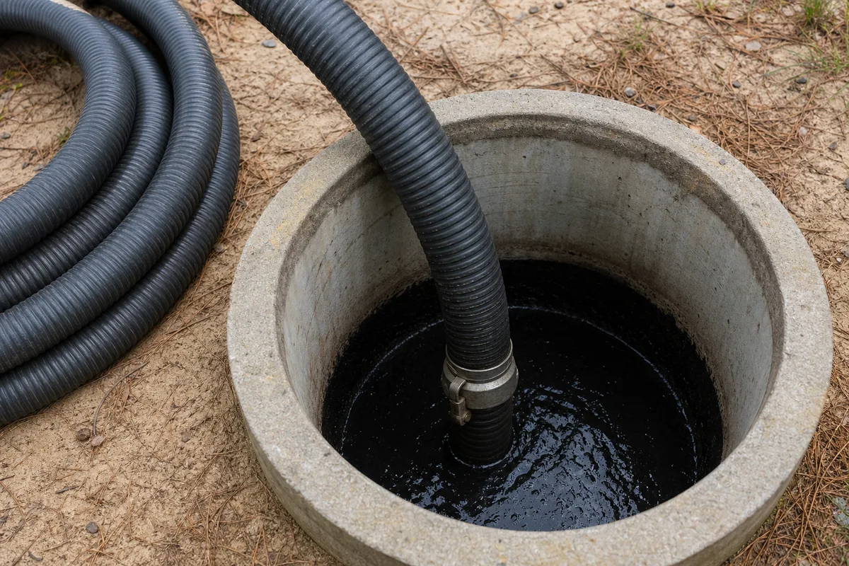 Tuyau de pompage descendu dans le regard ouvert d une fosse toutes eaux