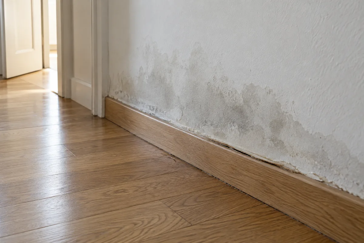 Bas de cloison blanche marqué d&rsquo;une auréole d&rsquo;humidité grise au-dessus d&rsquo;une plinthe en bois gonflée