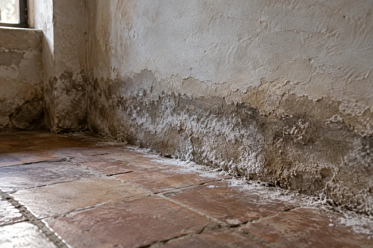Pied de mur enduit marqué d&rsquo;une frange humide et de dépôts de sels blancs au ras d&rsquo;un sol en terre cuite