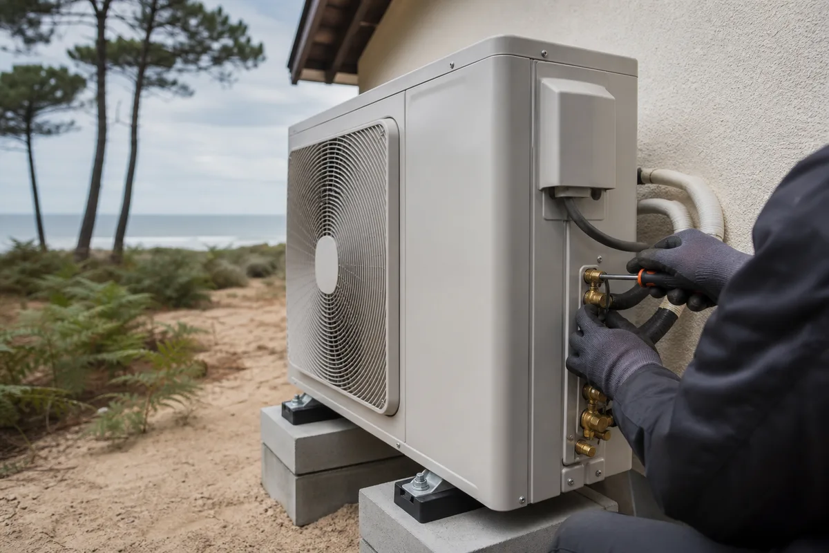 Unité extérieure de climatisation posée sur une terrasse de maison landaise entourée de pins