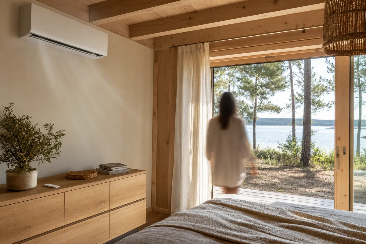 Split mural discret dans un séjour clair de maison de bord de lac landaise
