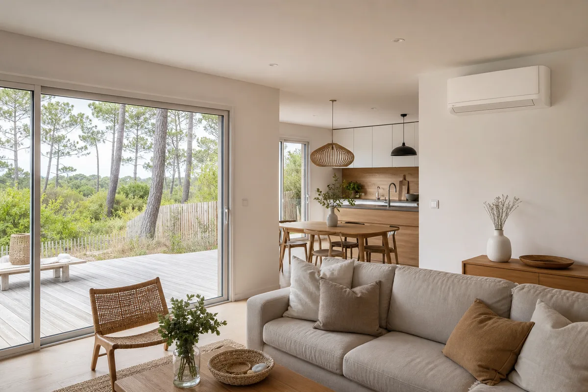 Séjour lumineux de maison landaise de plain-pied avec unité murale de climatisation réversible