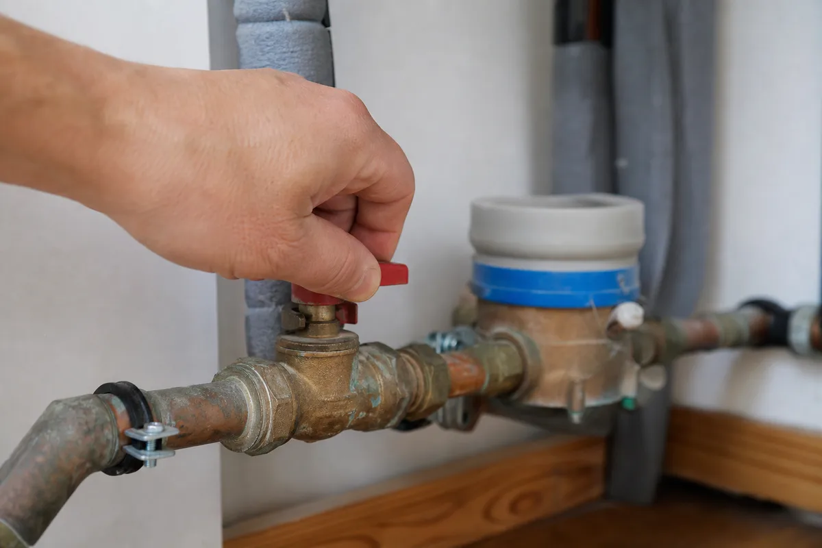 Vanne d&rsquo;arrêt général d&rsquo;eau fermée à la main dans le placard technique d&rsquo;une maison landaise