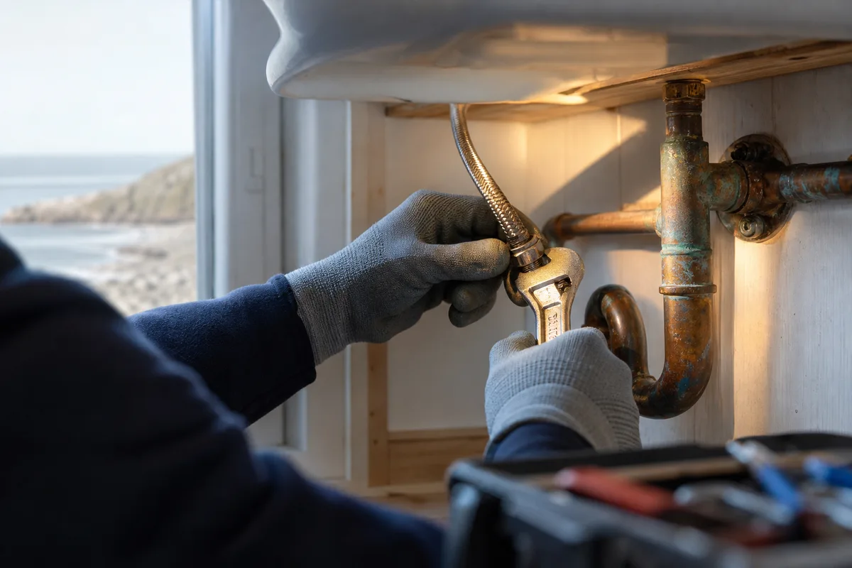 Mains d&rsquo;un artisan resserrant un raccord sous un évier dans une maison landaise claire