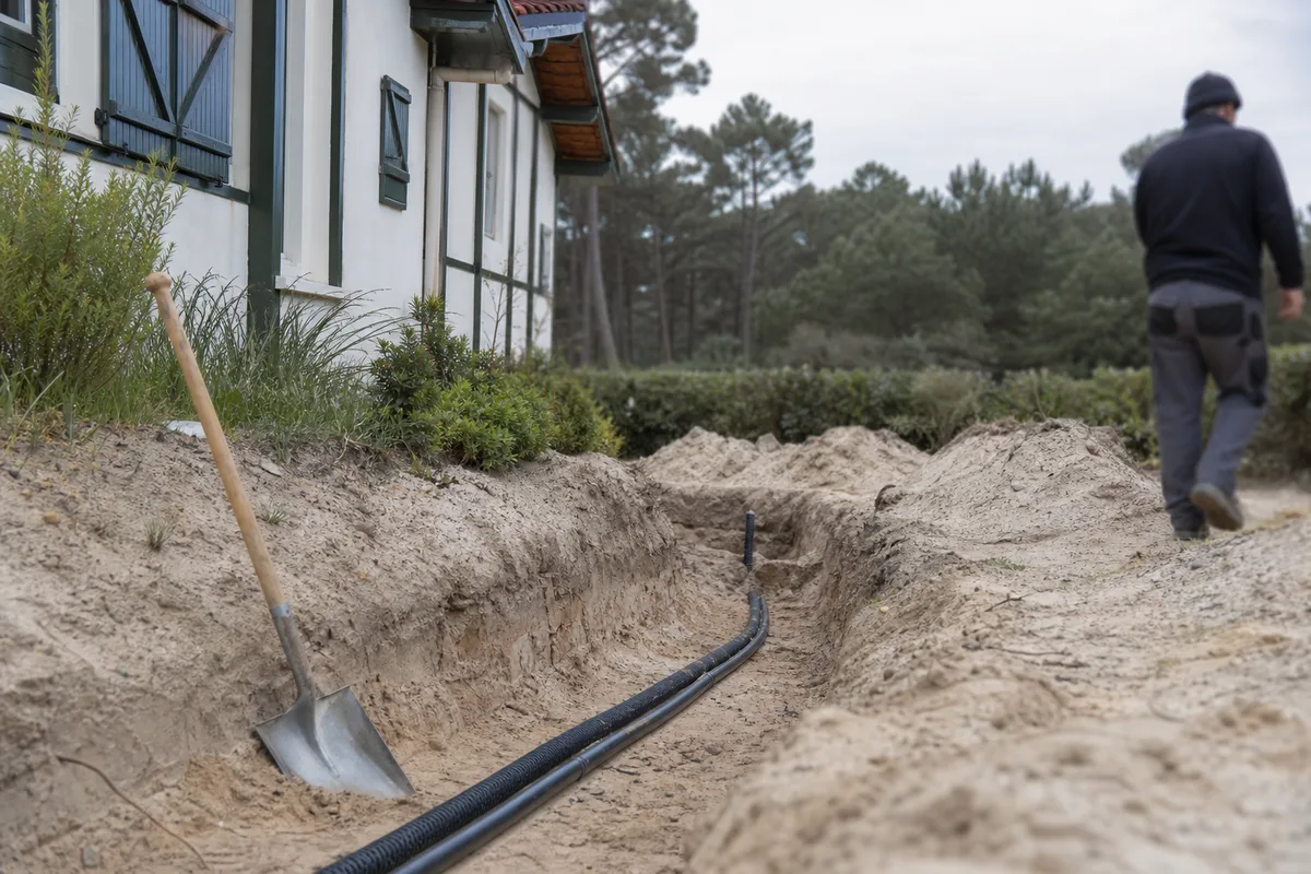 Tranchée ouverte dans un sol sableux landais pour la reprise d&rsquo;une canalisation enterrée