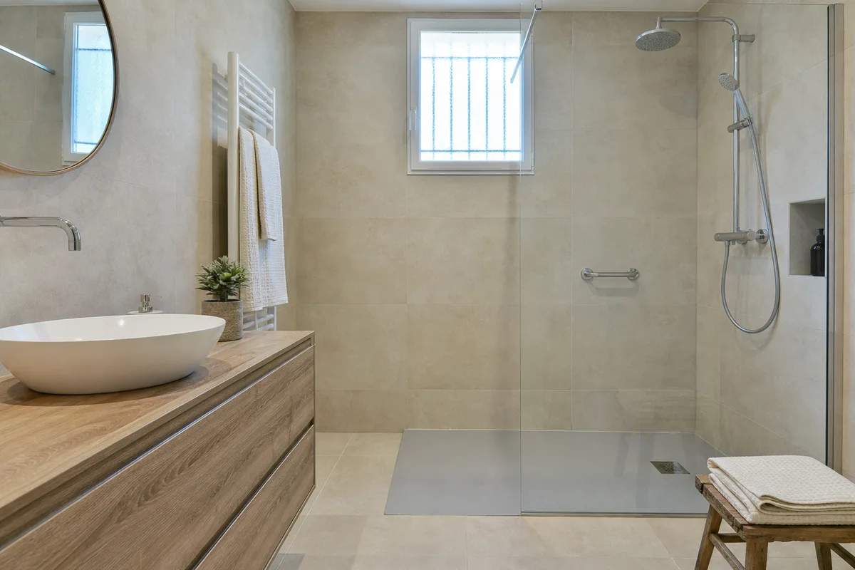 Douche de plain-pied rénovée dans une maison landaise, lumière naturelle claire