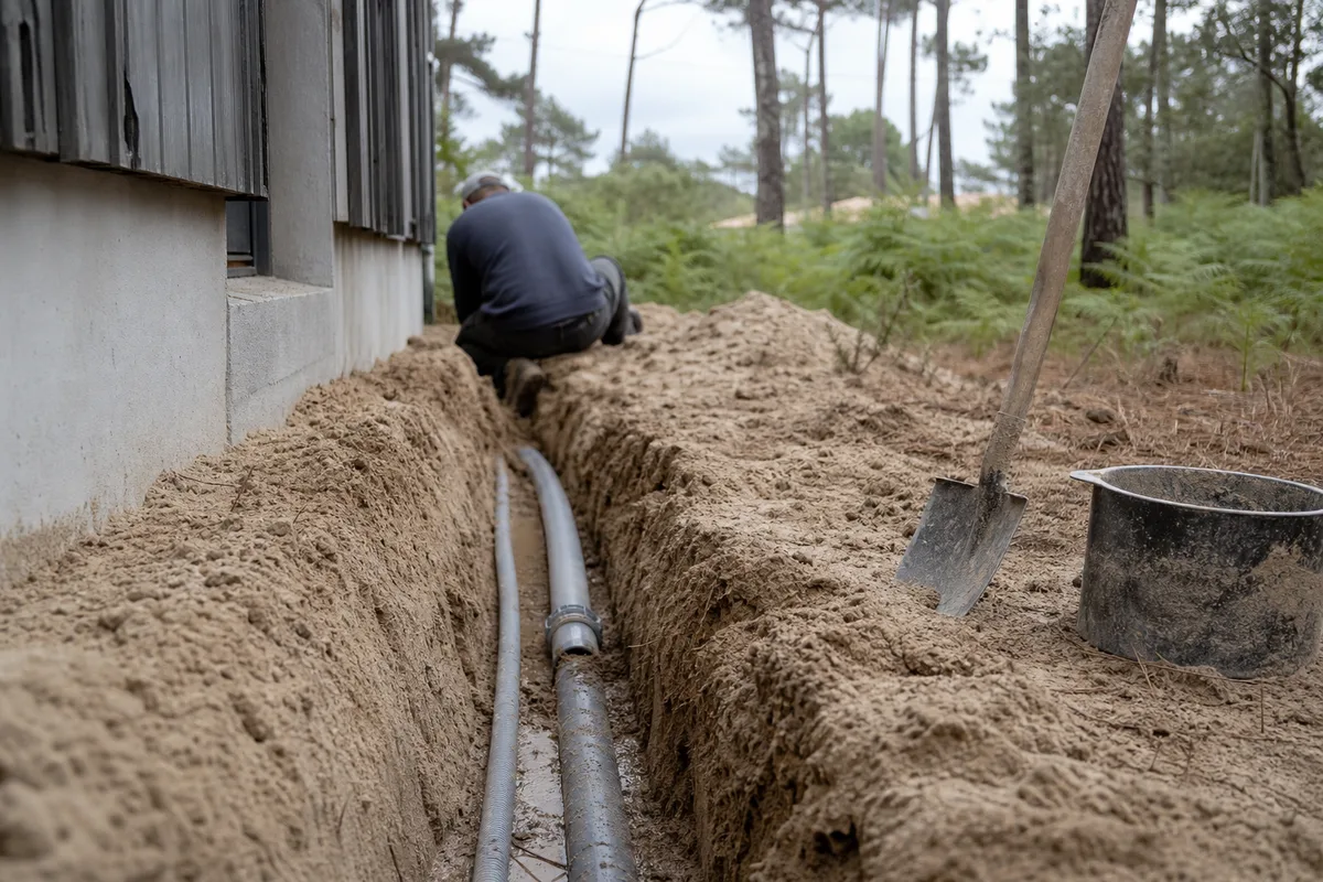 Canalisation enterrée dégagée dans un sol sableux au pied d&rsquo;une maison landaise