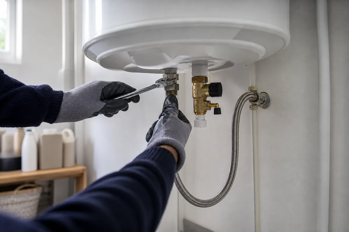 Chauffe-eau et raccords contrôlés dans une buanderie de maison côtière
