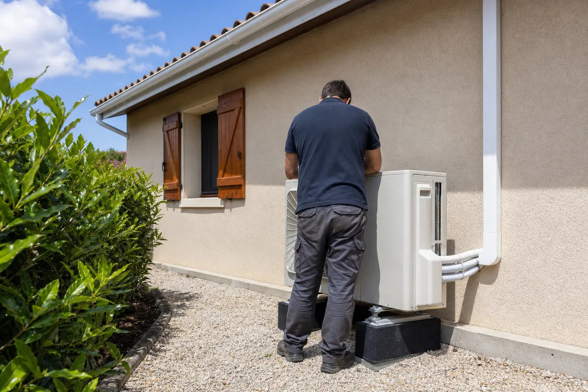 Unité extérieure de climatisation réversible installée le long d&rsquo;une façade landaise