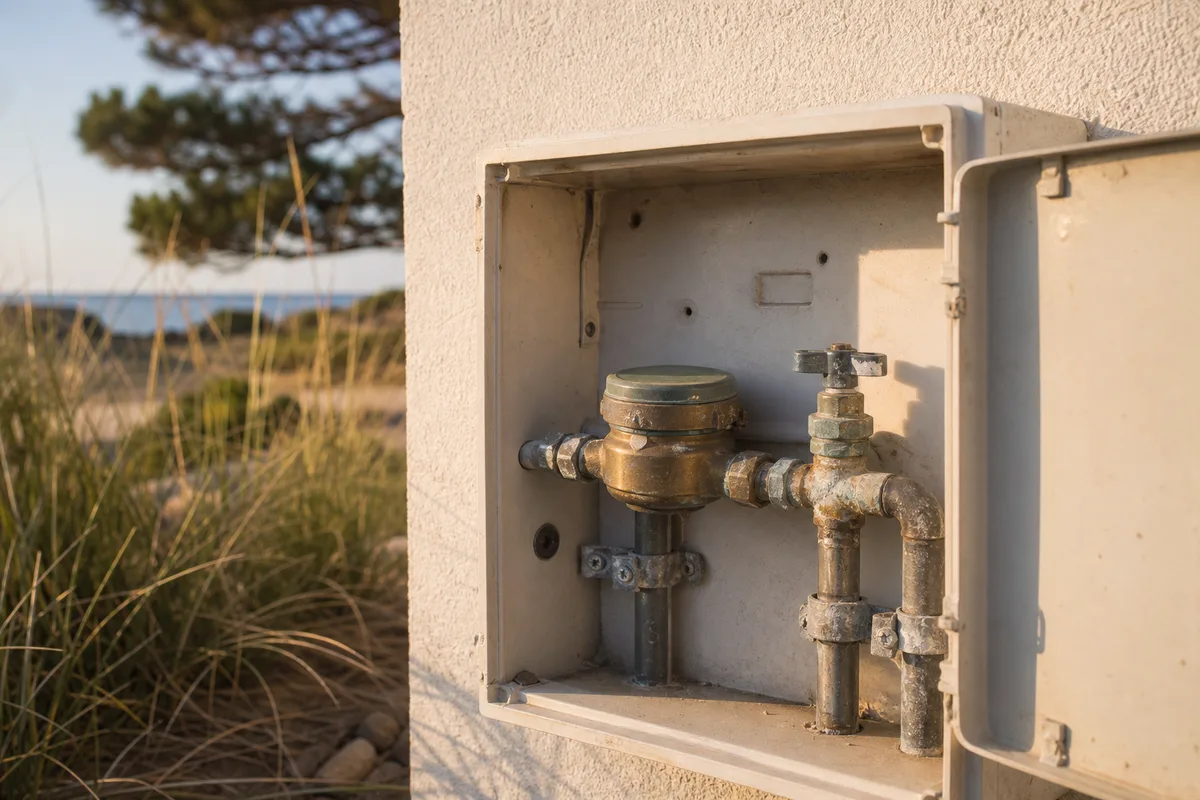 Rue résidentielle de Mimizan-Plage en fin de journée, façade de villa avec chauffe-eau et compteur d&rsquo;eau extérieur légèrement patinés par l&rsquo;air marin