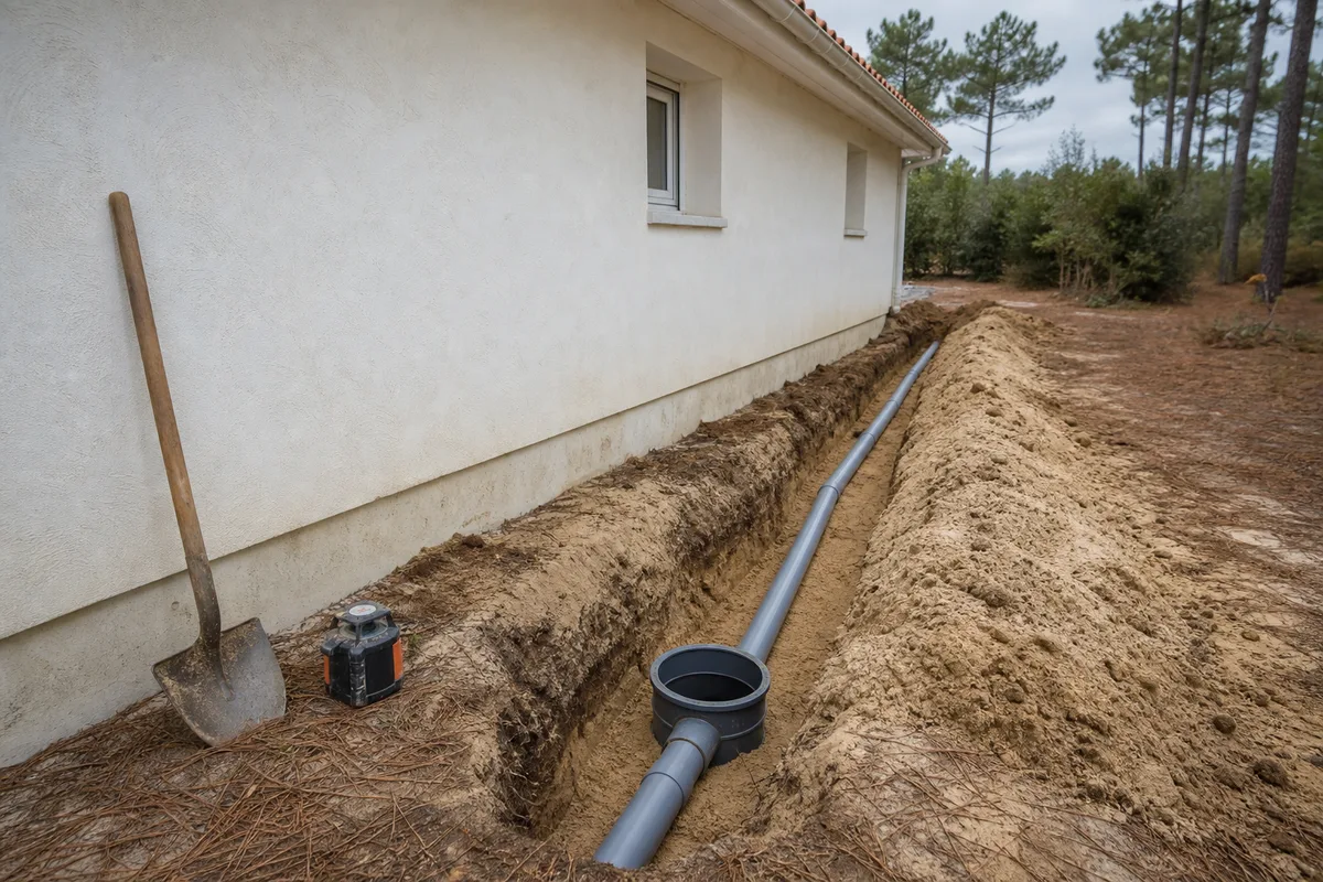 Tranchée ouverte sur un sol sableux le long d&rsquo;une maison landaise de plain-pied, canalisation d&rsquo;évacuation en cours de reprise