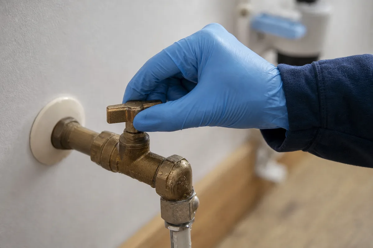 Main gantée refermant le robinet d&rsquo;arrêt général d&rsquo;une arrivée d&rsquo;eau dans un cellier clair de maison landaise