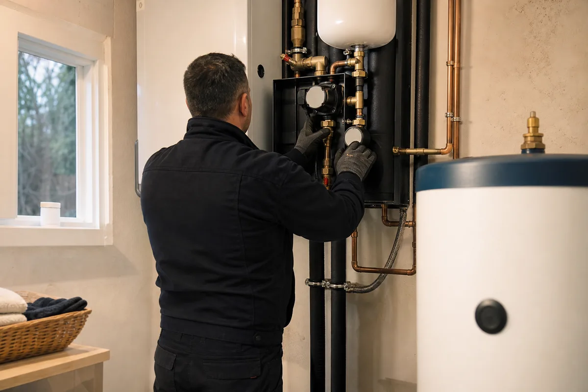 Technicien de dos vérifiant le circuit hydraulique d&rsquo;une pompe à chaleur dans un cellier