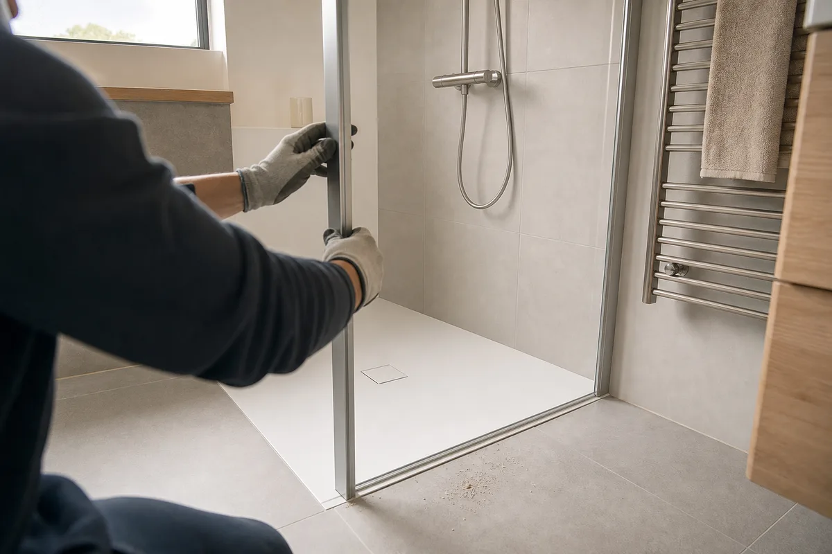 Salle de bain claire rénovée dans une villa landaise, douche de plain-pied et carrelage grand format