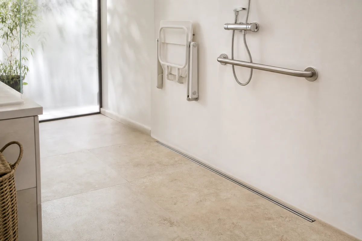 Douche à l&rsquo;italienne avec caniveau linéaire et barre d&rsquo;appui inox dans une salle de bain adaptée